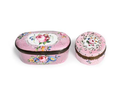 Two English enamel snuff boxes c.1760-75, one oval and one circular, both painted with a panel of flowers within a scroll bor