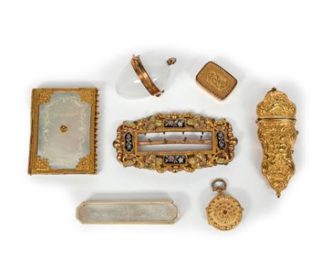 A collection of 18th and 19th century gilt-metal items, comprising: an ιtui case, c.1760, shaped baluster form, chased with f