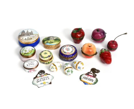 A group of bonbonnières and patch boxes modern, including three porcelain fruit boxes, a strawberry-shaped porcelain scent bo