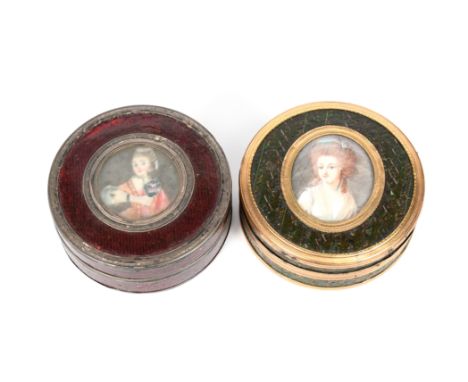 λ Two late 18th/early 19th century silver and gilt metal mounted lacquered snuff boxes, circular form, the silver-mounts with