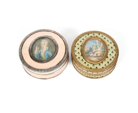 λ Two late 18th/early 19th century silver and gilt metal mounted lacquered snuff boxes, circular form, the silver-mounts with