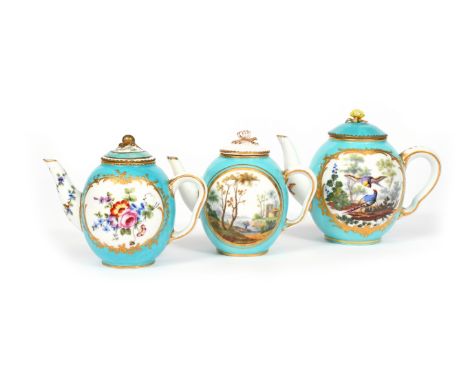 Three Sèvres teapots and covers (théières calabré)  date codes for 1760 and 1763, in two sizes, the larger painted by Françoi