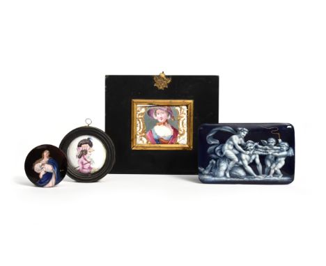 Four enamel plaques or box lids  18th/19th century, one rectangular and painted with a portrait of the actress Peg Woffington