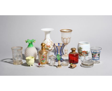 A mixed group of Continental and English glass  mostly 19th century, including a ruby glass scent bottle with gilt metal stop