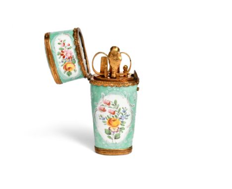 A Staffordshire enamel ιtui  c.1770, the flattened form painted with panels of roses and other flowers within raised white en