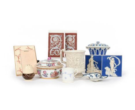 A mixed group of ceramics  18th century and later, including a pair of Continental Jasperware plaques applied with Classical 