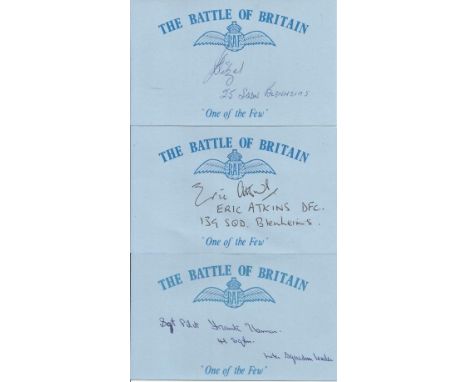 Battle of Britain signed cards. Fourteen blue cards with RAF logo printed on them. Includes Flt Lt H A Aitken 54 Sqn Spitfire