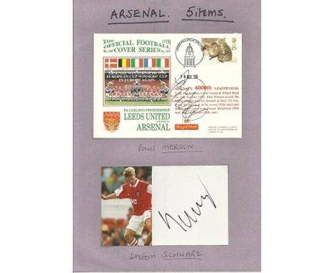 Arsenal Football Collection of 5 signed covers and magazine photos including Pat Rice, Paul Merson, Stefan Schwarz and Stephe