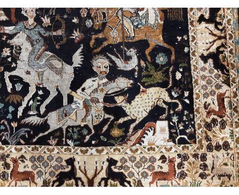 MIDDLE EASTERN BLUE GROUND RUG, SILK AND WOOL depicting hunting scenes157cm long x 92cm wide 