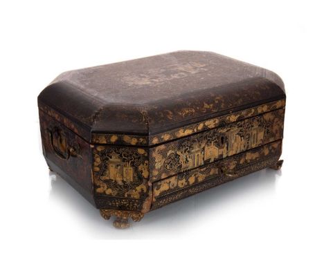 CHINESE LACQUERED GAMES/WORK BOX, MID 19TH CENTURY   of octagonal form, the black lacquer with detailed gilt panels of figure