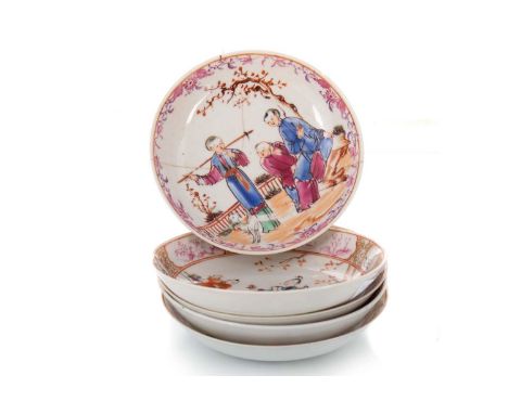 GROUP OF FIVE 18TH CENTURY CHINESE MANDARIN PALETTE SAUCERS, QIANLONG PERIOD 1736 - 1795 comprising of a set of three matchin