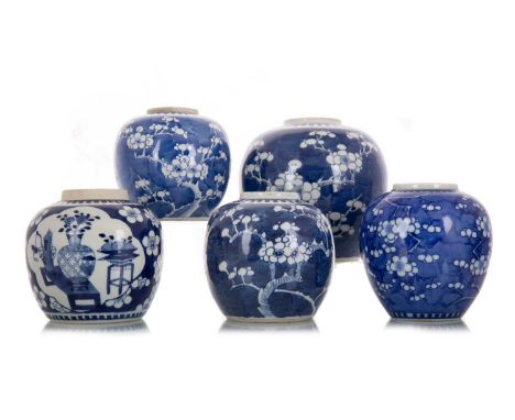 GROUP OF CHINESE BLUE AND WHITE GINGER JARS, 19TH CENTURY one ginger jar in the Kangxi period style, decorated with a vase of