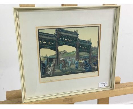 KATHERINE ALICE JOWETT (BRITISH, 1883-1972), THE P'AI LOU, PEKING hand-coloured woodcut, titled and signed in pencil, framed 