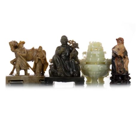 CHINESE JADE INCENSE BURNER, AND THREE OTHER FIGURES the jade incense burner with twin handled dragon handlesincense burner 1