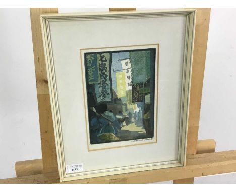 KATHARINE ALICE JOWETT (BRITISH, 1883-1972), PEKING STREET MARKET hand-coloured woodcut, signed in pencil, framed and under g