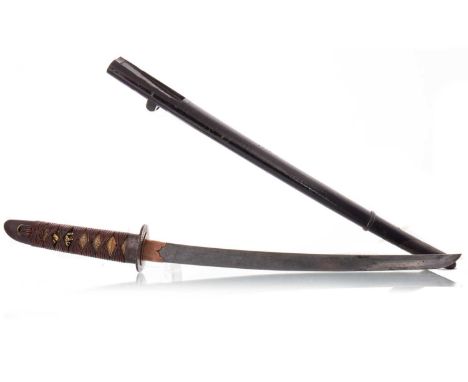 JAPANESE WAKIZASHI, BELIEVED EDO PERIOD (1603-1868)  the curved steel blade to copper mount, the iron tsuba inlaid in copper,