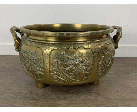 CHINESE POLISHED BRASS PLANTER, 20TH CENTURY with embossed figural scenes43cm diameter
