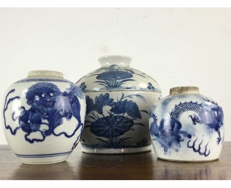 TWO CHINESE BLUE AND WHITE JARS, 19TH CENTURY the slightly larger decorated with temple lions, the second a dragon amongst cl