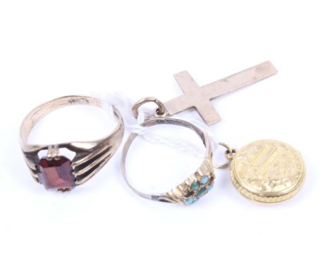 A small group of jewellery to include a vintage 9ct gold and rectangular red paste single stone ring. Hallmarks for Birmingha