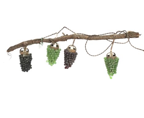 A mid-century bunch of glass grapes pendent ceiling light. Having a set of four bunches of two black and two green hanging fr