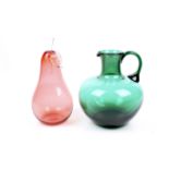 William Yeoward Aurora glass pear bottle with stopper and a green jug.