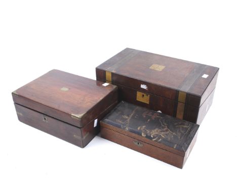 A collection of three vintage wooden boxes. Including an inlaid writing slope and a Japanese jewellery box, etc. Max. L40cm x