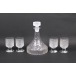 A circa 1970s frosted textured glass ship's decanter and four matching glasses. Max.