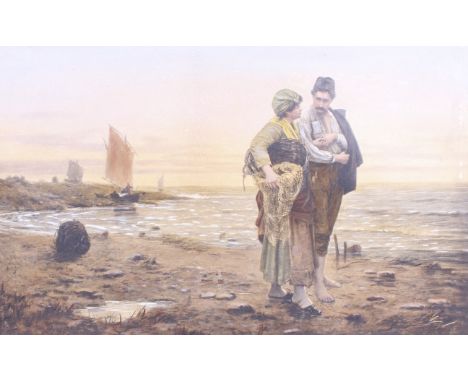 A print of a couple walking along a beach. Framed. 46cm x 29cm