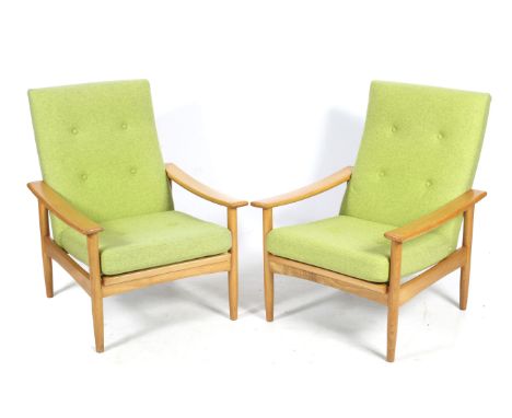 A pair of mid-century open armchairs. With re-upholstered green button back fabric. H91cm