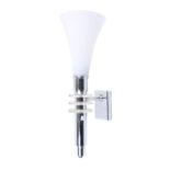 An Art Deco style wall light with milk glass shade. Chrome body with three clear plastic rings.