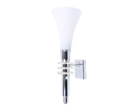 An Art Deco style wall light with milk glass shade. Chrome body with three clear plastic rings. H53cm
