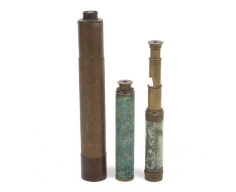 Three vintage brass telescopes. Two pocket drawer variety the other stamped 'Beck, London', 31cm long. 
