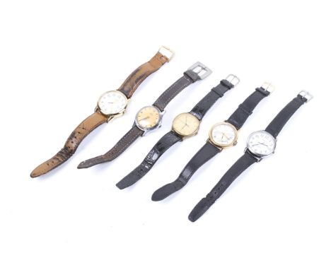 Five vintage men's watches. Including Avia, Smiths Empire and Timex, etc, all with leather or fabric straps