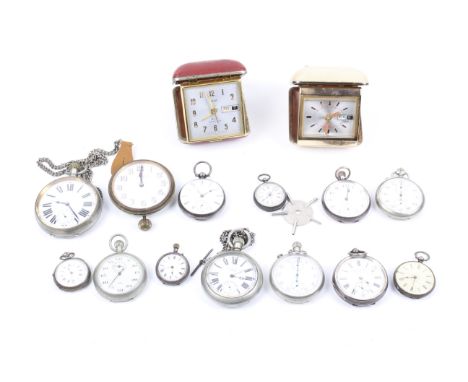 A collection of 13 pocket and fob watches and two travel clocks. Including four silver cased open face fob watches (one with 