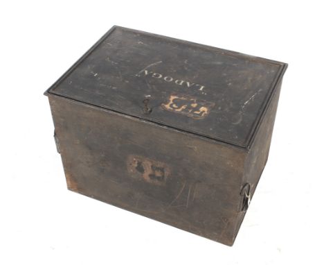 A vintage metal deeds box. With two oval ring handles to the sides, lockable lid, painted with 'LADOGA'. Key present. L52cm x