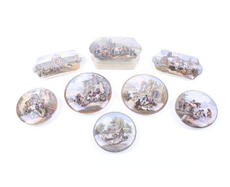 Eight pieces of 19th century and later Prattware. Comprising a Wouvermann Pinx pot and lid, a 'The Wolf and Lamb' pot lid, 'T
