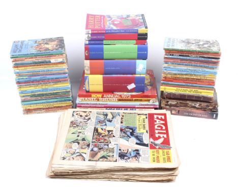 A collection of assorted children's vintage books. Including Lady Bird, Harry Potter and Eagle comics, etc. 
