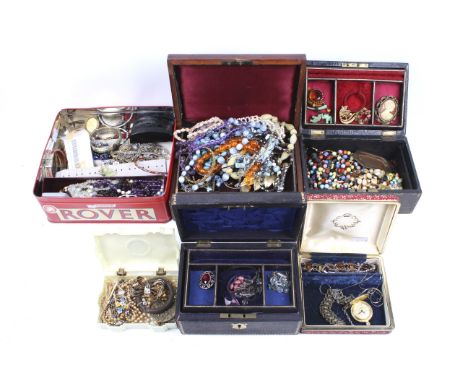 A large collection of miscellaneous period, vintage and modern costume jewellery. In a black-leather bound jewellery box with