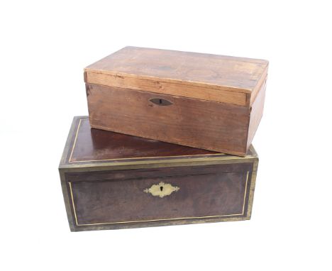 A Victorian mahogany writing slope and a vintage pine box. The pine box containing four pull-out trays, one stamped 'W. Edwar