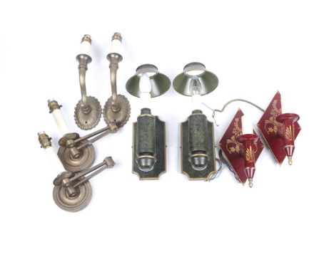 Four pairs of assorted wall light fittings. Including two brass pairs and two assorted painted pairs. Max. H33cm