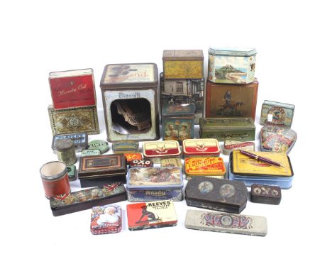 A collection of vintage advertising packaging product tins. Including Player's, Oxo and Biscotti, etc. Max. H20cm