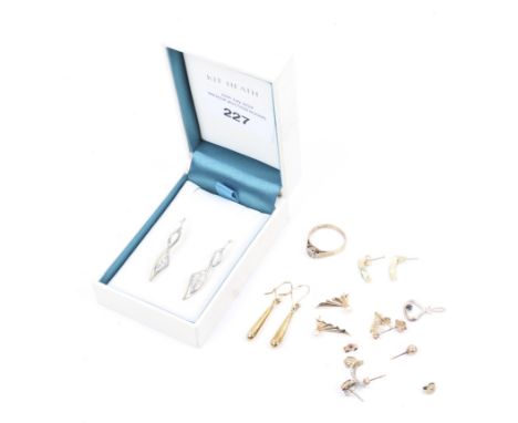 A collection of gold and gem set stud and pendent earrings and other items. Including; a 9ct gold and tint eight-cut diamond 