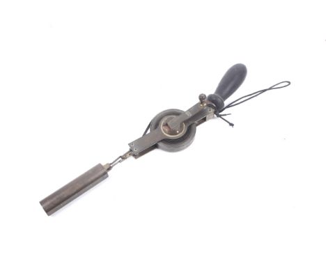 A vintage Rabone Chesterman 50ft steel tape depth measure. With 4" brass weight, ebonised handle and winding mechanism. 40cm 