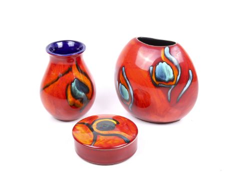 A group of three assorted late 20th century Poole Pottery items. Including Peacock Powder Box and two vases. Max. H18.5cm