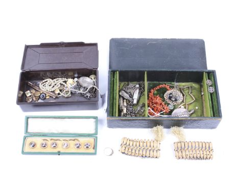 A collection of Victorian and later jewellery and other items in a green-leather bound jewellery box and a brown bakelite box