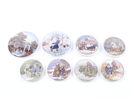 A collection of assorted vintage Prattware advertising pot lids. Including Alas! Poor Bruin and Landing the Fare. Pegwell Bay