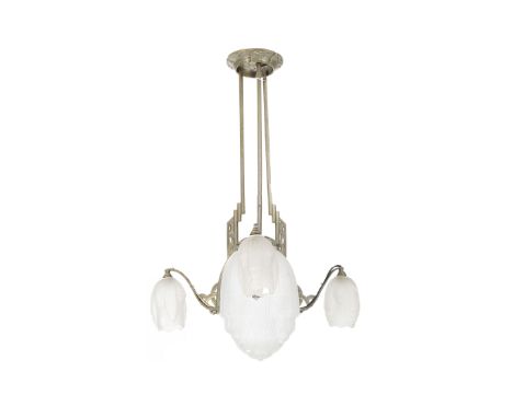 An Art Deco chandelier pendant ceiling light. Three-branch nickel plated frame from which three smaller moulded opaque glass 