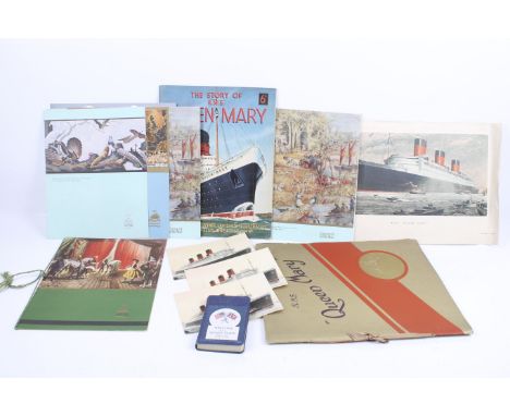 A collection of vintage RMS Queen Mary ephemera. Including Cunard White Star menus, a miniature bible, a souvenir magazine, e