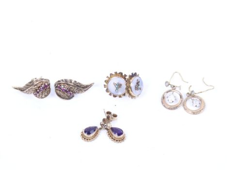 Four pairs of gold and gem set earrings including a pair of vintage amethyst pear-shaped pendent earrings. Hallmarks for Lond