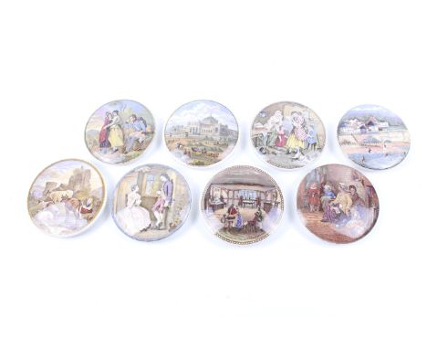 Eight 19th century and later Prattware pot lids. Including 'Hide and Seek', 'Letter from the Diggings', 'Philadelphia Exhibit